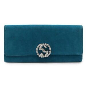 Gucci GG Spark Ring Clutch Party Suede Crystal Peacock Blue